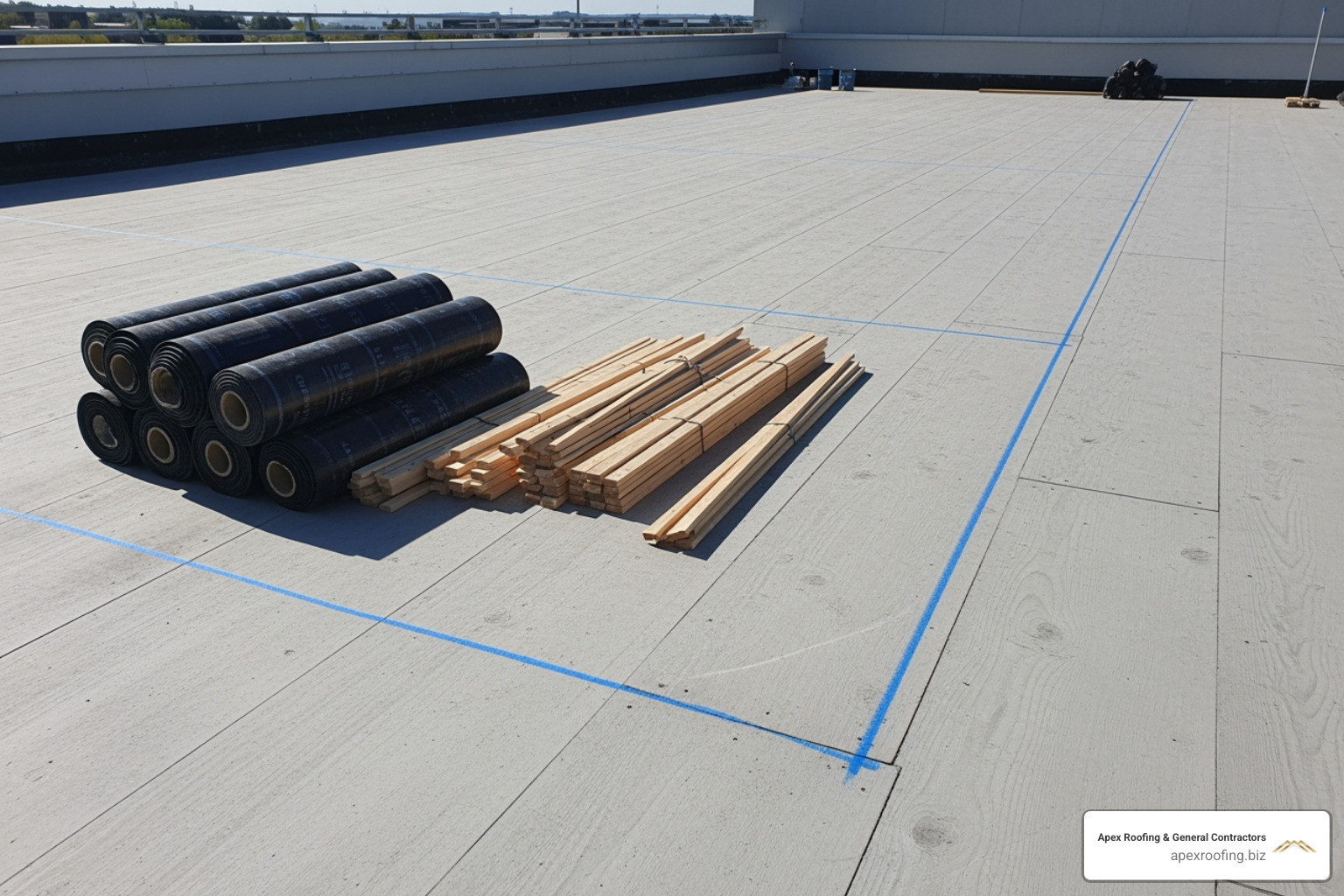 A clean roof deck with chalk lines snapped for layout, showing underlayment rolls and battens stacked neatly. - tile roof installation