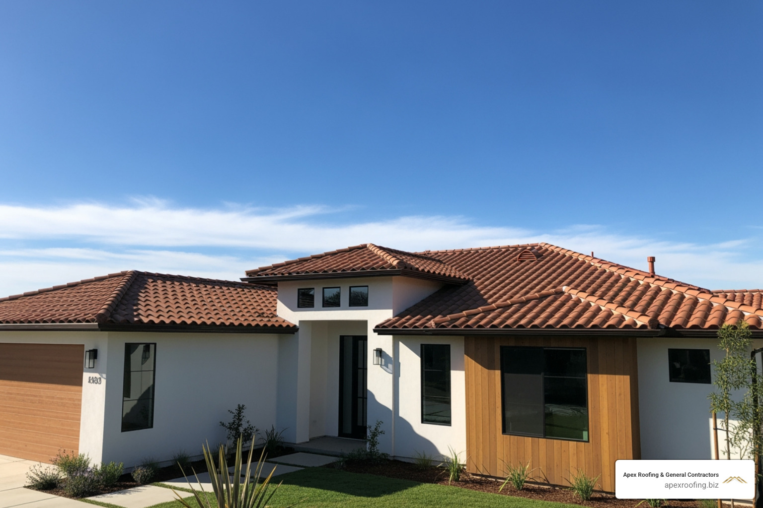 A beautiful, modern home with a newly installed Spanish tile roof under a clear blue sky. - tile roof installation
