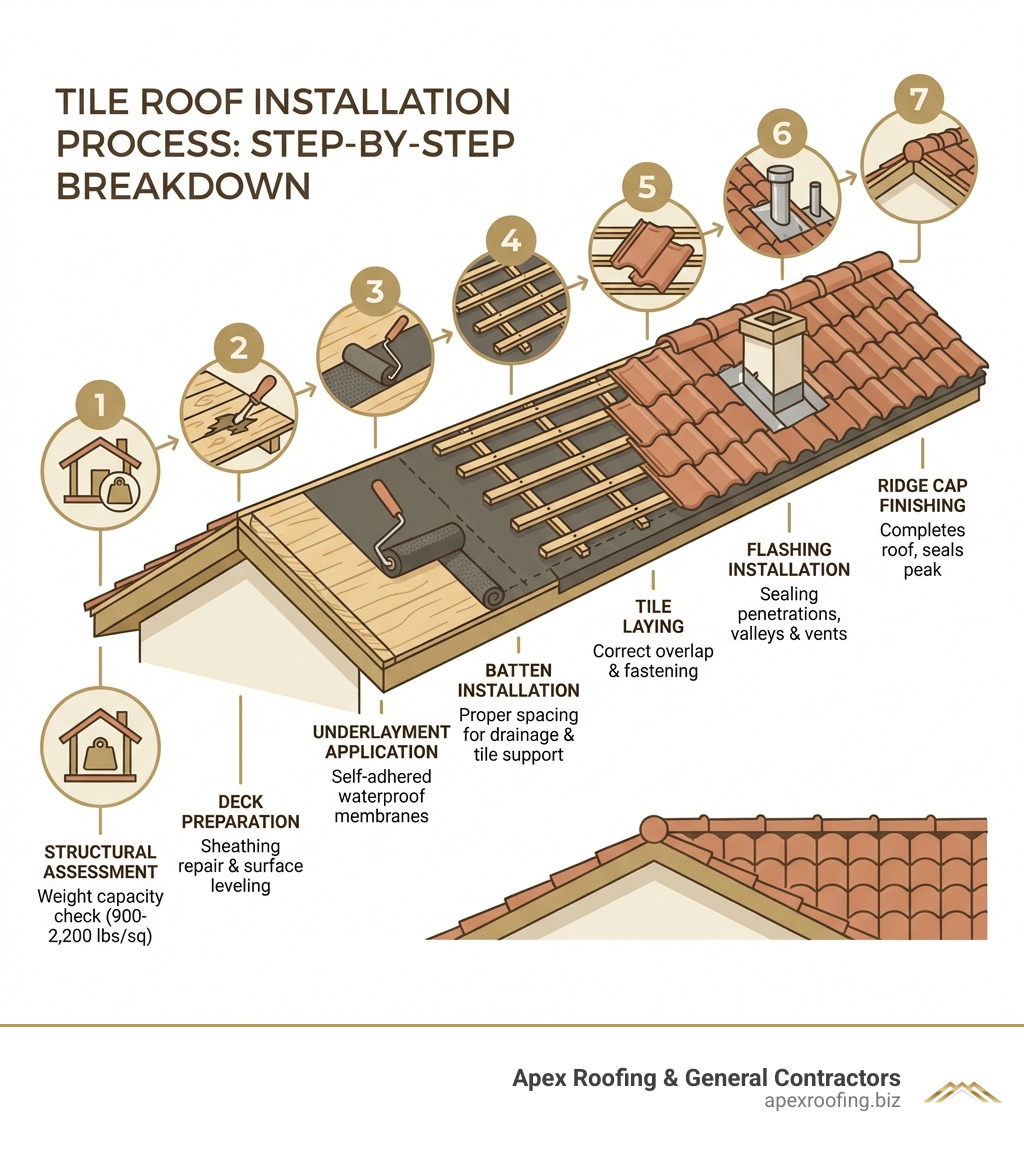 Tile Roof Installation Process: Step-by-step breakdown showing 1) Structural assessment with weight capacity check, 2) Deck preparation including sheathing repair, 3) Underlayment application with self-adhered membranes, 4) Batten installation at proper spacing, 5) Tile laying with correct overlap, 6) Flashing installation at penetrations, 7) Ridge cap finishing - tile roof installation infographic 