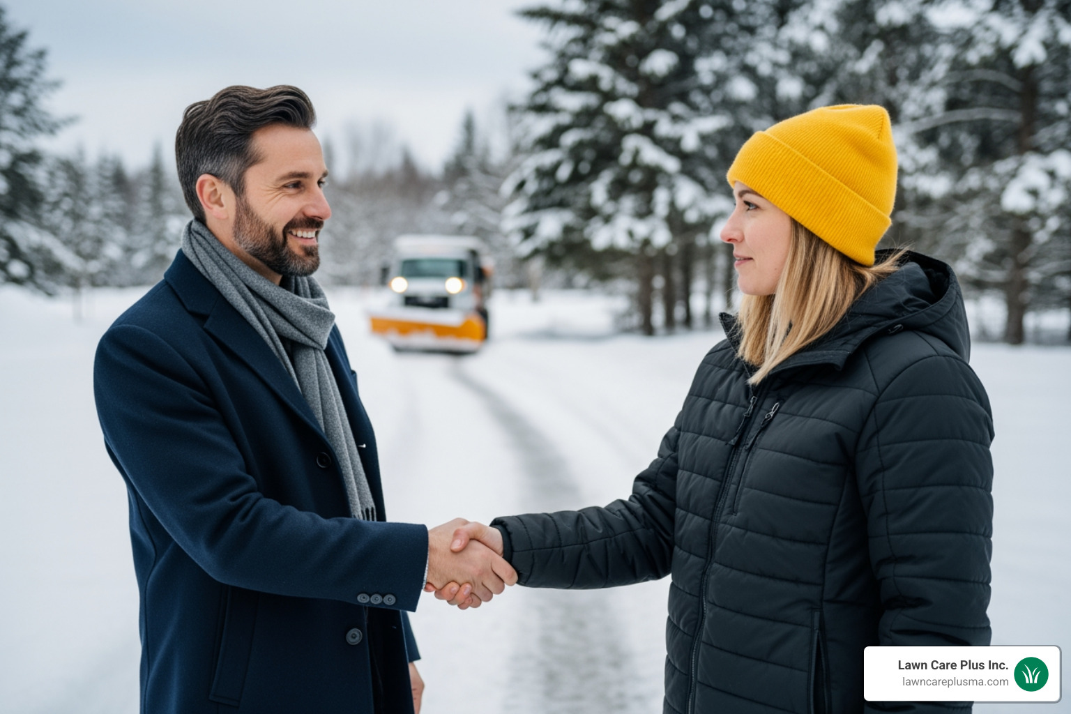 property manager shaking hands with snow removal contractor - Commercial snow removal rates