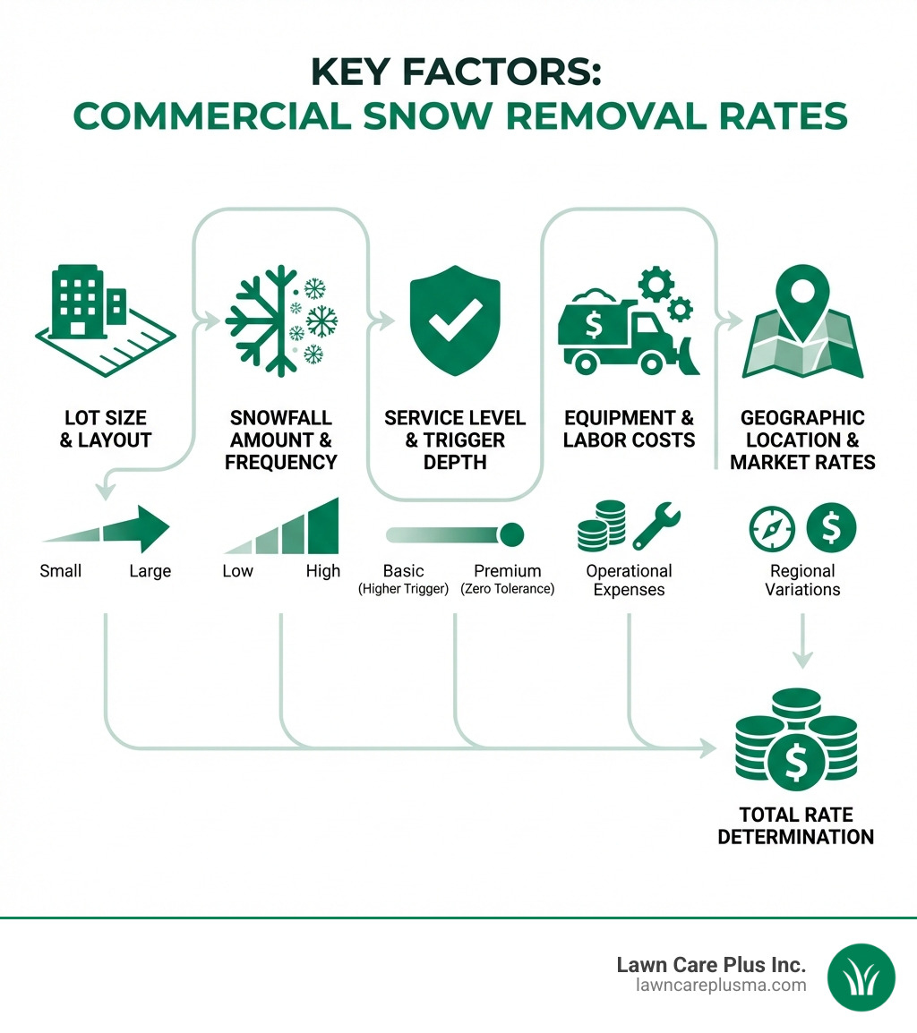 infographic showing five key factors affecting commercial snow removal rates: a building icon labeled lot size and layout, a snowflake icon labeled snowfall amount and frequency, a checkmark icon labeled service level and trigger depth, a truck icon labeled equipment and labor costs, and a map pin icon labeled geographic location and market rates - Commercial snow removal rates infographic 
