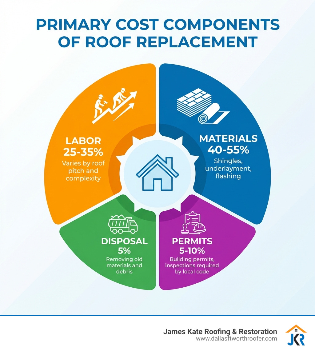 Infographic showing the four primary cost components of roof replacement: Materials (40-55% of total cost, including shingles, underlayment, flashing), Labor (25-35% of total cost, varies by roof pitch and complexity), Disposal (5% of total cost, removing old materials and debris), and Permits (5-10% of total cost, building permits and inspections required by local code) - roof replacement infographic Infographic showing the four primary cost components of roof replacement: Materials (40-55% of total cost, including shingles, underlayment, flashing), Labor (25-35% of total cost, varies by roof pitch and complexity), Disposal (5% of total cost, removing old materials and debris), and Permits (5-10% of total cost, building permits and inspections required by local code) - roof replacement infographic