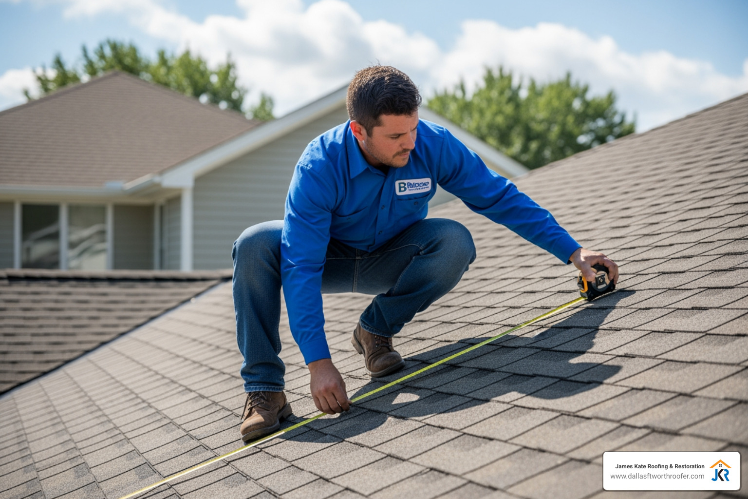 a roofer in a royal blue James Kate shirt measuring a section of a roof - roof replacement a roofer in a royal blue James Kate shirt measuring a section of a roof - roof replacement
