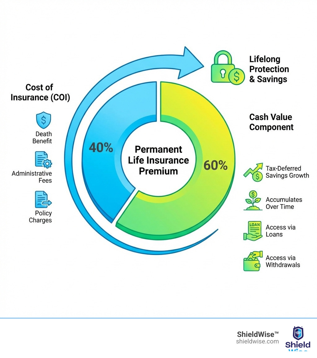 Infographic showing premium breakdown for permanent life insurance: one portion labeled "Cost of Insurance (COI)" covering death benefit, administrative fees, and policy charges; second portion labeled "Cash Value Component" showing tax-deferred savings growth that accumulates over time and can be accessed via loans or withdrawals - indexed universal life cash value versus whole life infographic 