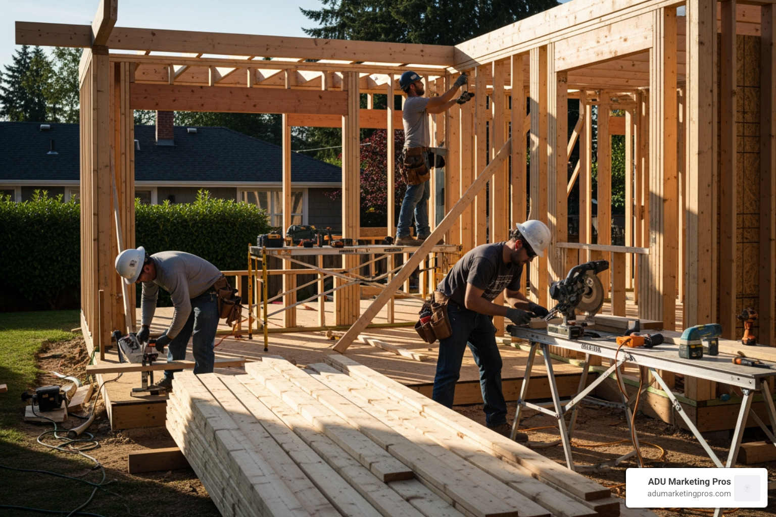 construction workers framing a new detached ADU - accessory dwelling unit cost los angeles