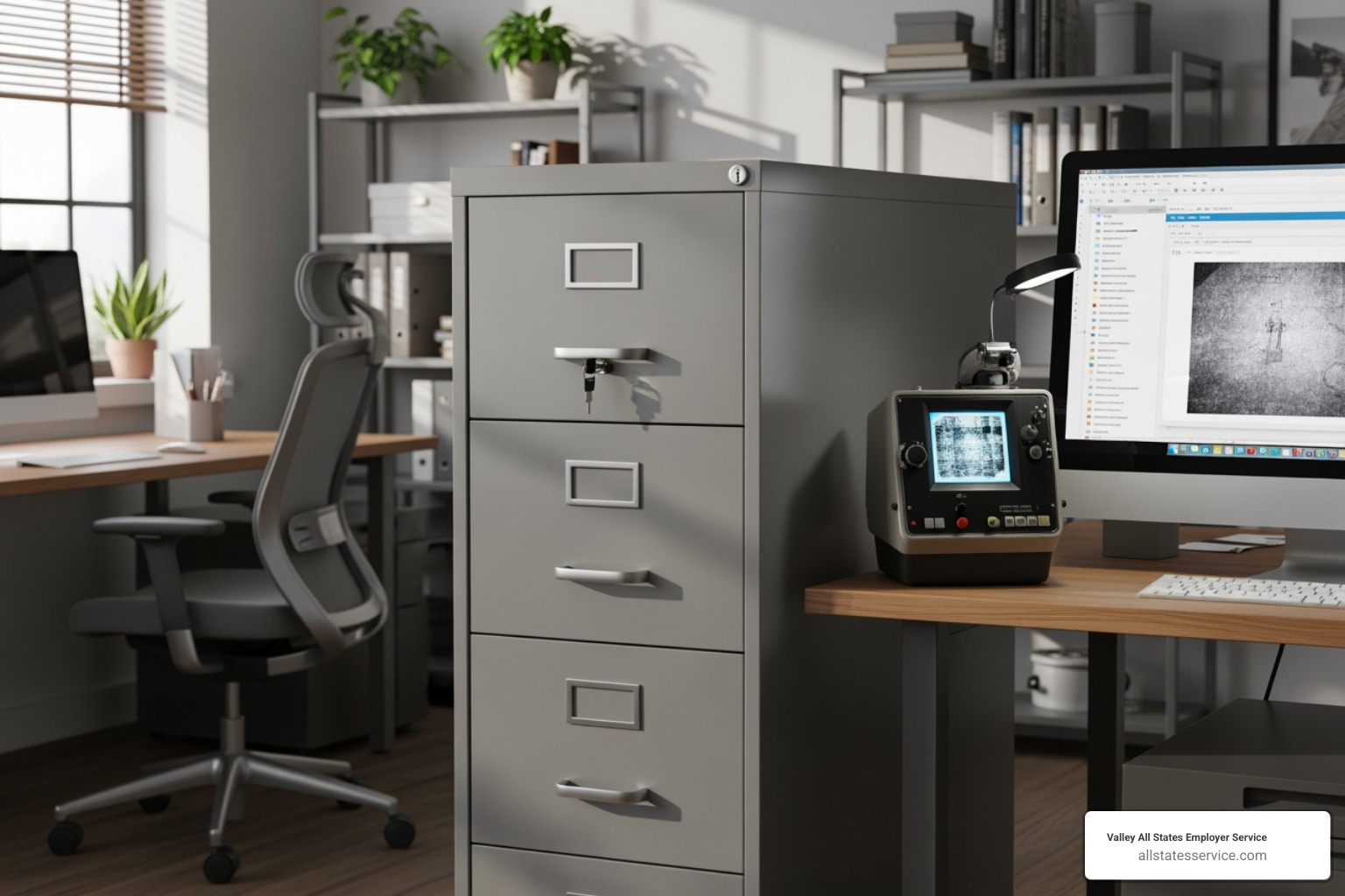 Locked file cabinet, computer screen with files, microfilm reader - Secure I-9 document storage