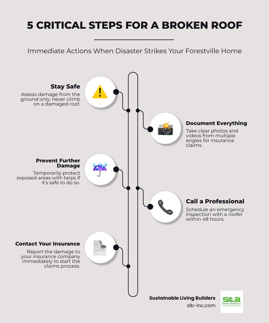 Infographic showing the 5 critical steps to take when you discover roof damage: 1. Ensure safety by staying off the roof, 2. Document all damage with photos from multiple angles, 3. Temporarily protect exposed areas with tarps if safe, 4. Schedule professional inspection within 48 hours, 5. Contact insurance company immediately to start claims process - roofing broken in forestville ca infographic infographic-line-5-steps-elegant_beige Infographic showing the 5 critical steps to take when you discover roof damage: 1. Ensure safety by staying off the roof, 2. Document all damage with photos from multiple angles, 3. Temporarily protect exposed areas with tarps if safe, 4. Schedule professional inspection within 48 hours, 5. Contact insurance company immediately to start claims process - roofing broken in forestville ca infographic infographic-line-5-steps-elegant_beige