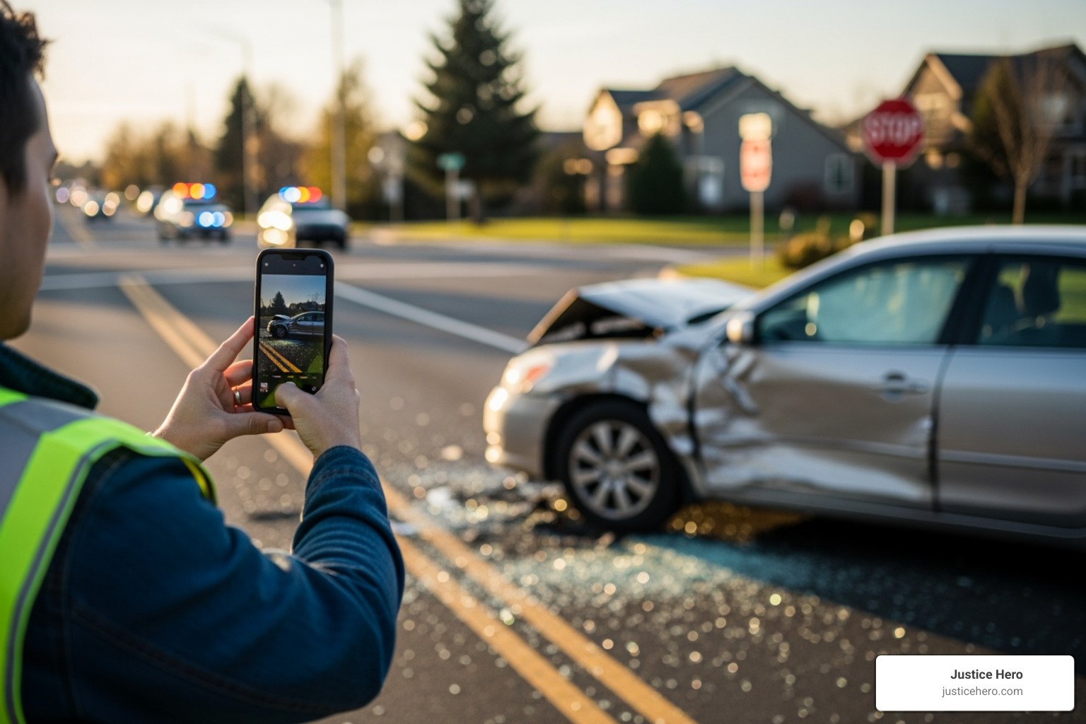 A person taking photos of a car accident with their phone, highlighting the importance of documenting the scene - California personal injury law