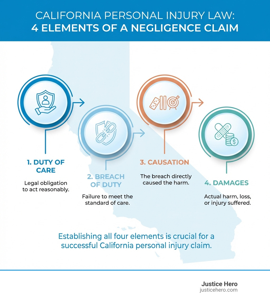 Infographic showing the four elements of a negligence claim in California: Duty of Care, Breach of Duty, Causation, and Damages, with simple icons representing each element - California personal injury law infographic 