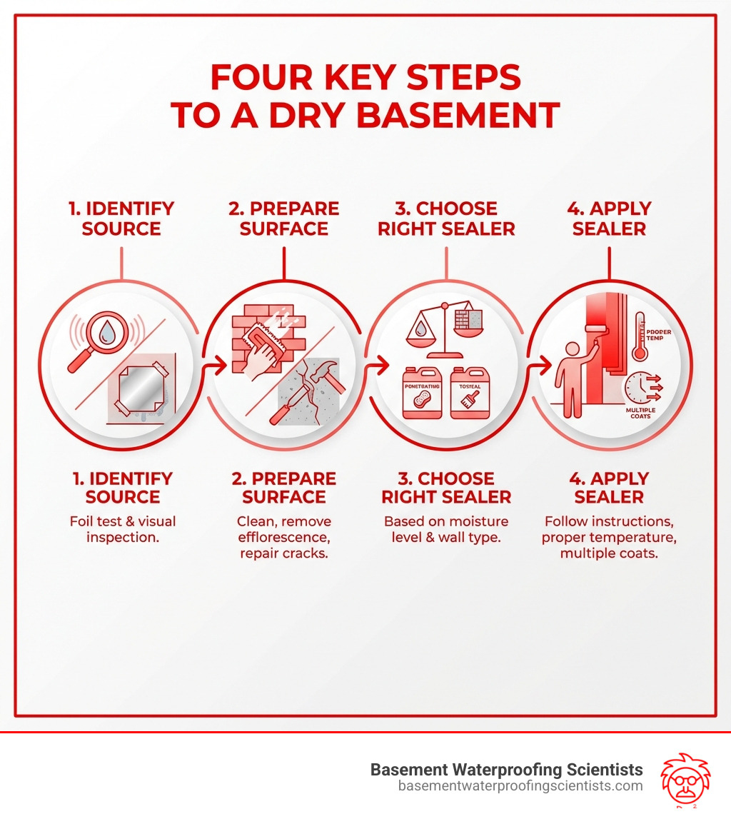 infographic showing four key steps to a dry basement: 1. Identify the moisture source with foil test and visual inspection, 2. Prepare the surface by cleaning, removing efflorescence, and repairing cracks, 3. Choose the right sealer based on moisture level and wall type, 4. Apply sealer following manufacturer instructions with proper temperature and multiple coats - water sealer for basement walls infographic 