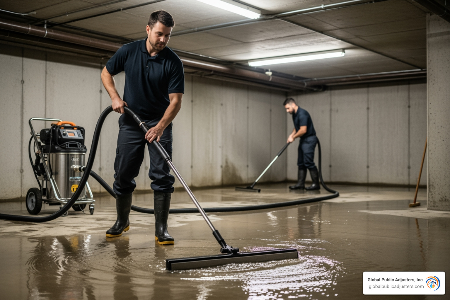 Technicians using water extraction wands in a basement - basement water removal service