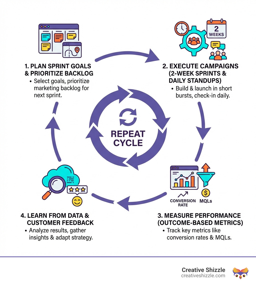 infographic showing the agile marketing cycle: plan sprint goals and prioritize backlog, execute campaigns in 2 week sprints with daily standups, measure performance with outcome based metrics like conversion rate and MQLs, learn from data and customer feedback, then repeat the cycle - Agile marketing services infographic 