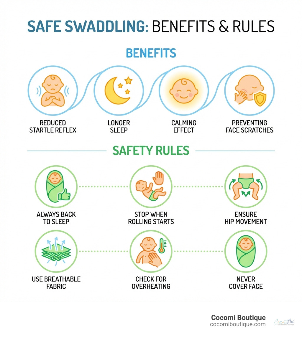 infographic showing safe swaddling benefits and rules: benefits include reduced startle reflex, longer sleep, calming effect, and preventing face scratches; safety rules include always back to sleep, stop when rolling starts, ensure hip movement, use breathable fabric, check for overheating, and never cover face - swaddling blanket infographic infographic showing safe swaddling benefits and rules: benefits include reduced startle reflex, longer sleep, calming effect, and preventing face scratches; safety rules include always back to sleep, stop when rolling starts, ensure hip movement, use breathable fabric, check for overheating, and never cover face - swaddling blanket infographic