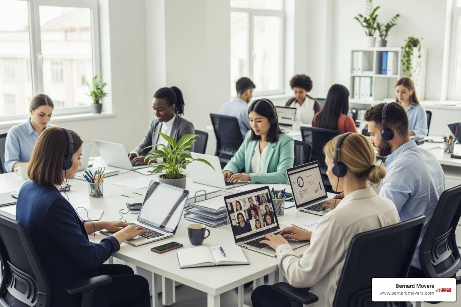 business team working uninterrupted in their new, fully set-up office space - full-service commercial moving