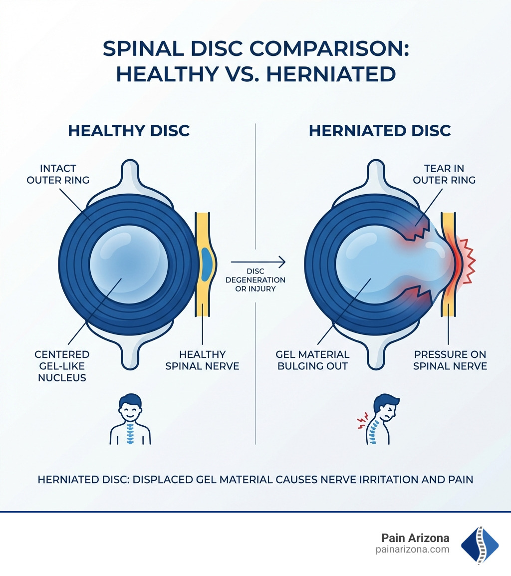 Infographic comparing a healthy spinal disc with an intact outer ring and centered gel-like nucleus to a herniated disc showing a tear in the outer ring with gel material bulging out and pressing on a nearby spinal nerve - herniated disc treatment Phoenix infographic 