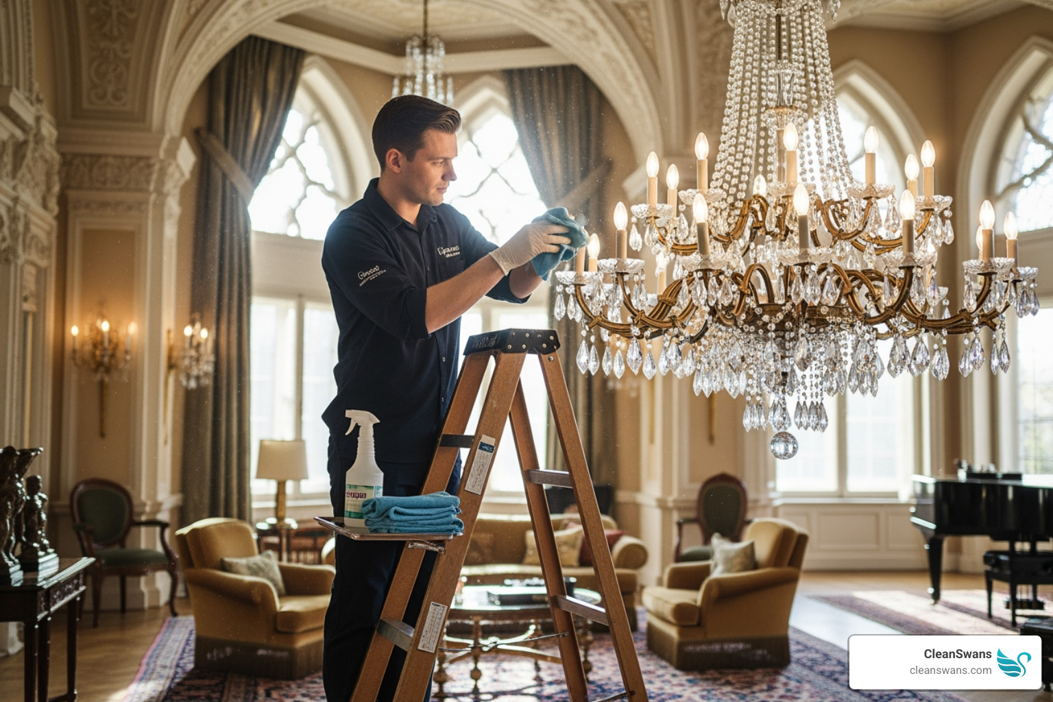 unifomed professional carefully cleaning a crystal chandelier - Luxury home cleaning service