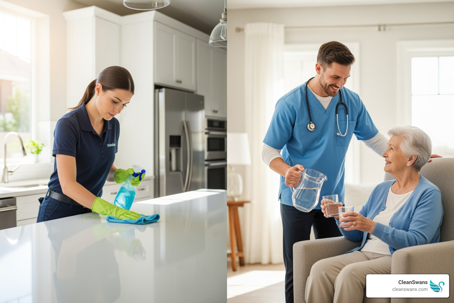 professional cleaner polishing a surface and a home care professional assisting with daily tasks - pristine home care