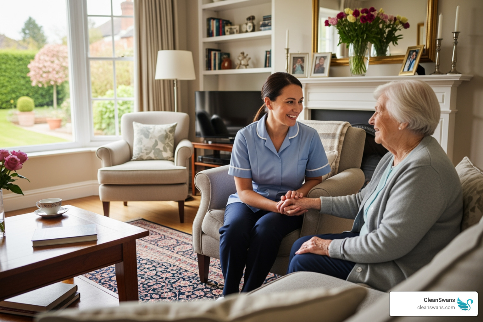 home care professional and client smiling together in a beautiful home - pristine home care