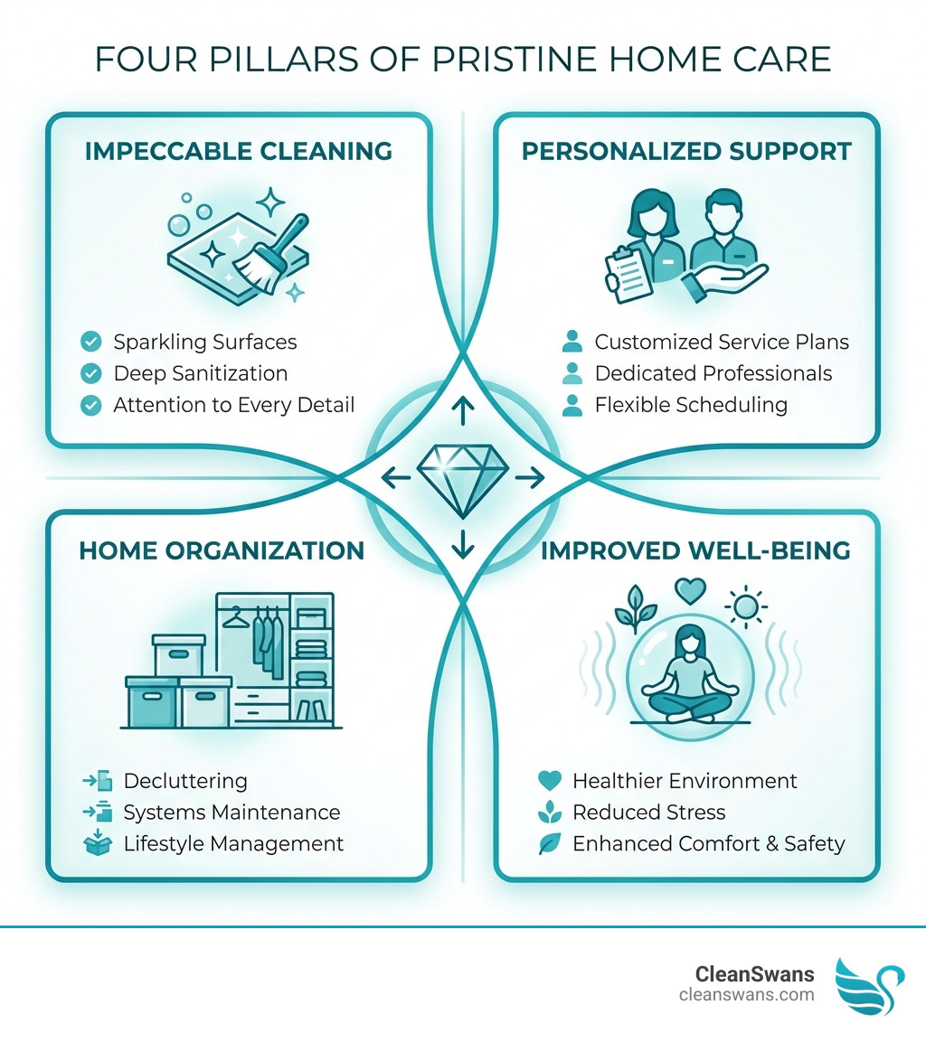 infographic showing the four pillars of pristine home care: a quadrant layout with icons and brief descriptions for Impeccable Cleaning (sparkling surfaces, deep sanitization, attention to every detail), Personalized Support (customized service plans, dedicated professionals, flexible scheduling), Home Organization (decluttering, systems maintenance, lifestyle management), and Improved Well-being (healthier environment, reduced stress, enhanced comfort and safety) - pristine home care infographic 