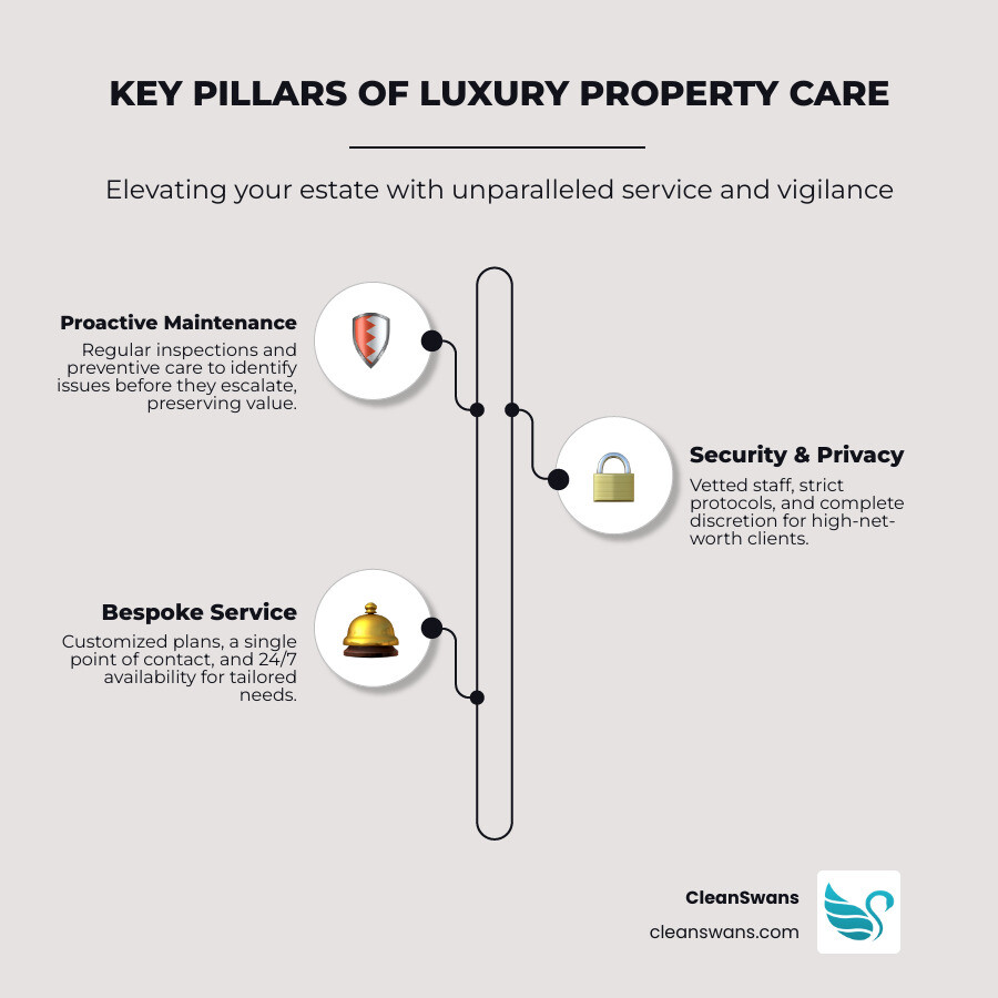 infographic showing three pillars of luxury property care: a shield icon representing Proactive Maintenance with bullet points for regular inspections, preventive care, and issue prevention; a lock icon representing Security & Privacy with vetted staff, NDA protocols, and discrete service; and a concierge bell icon representing Bespoke Service with customized plans, single point of contact, and 24/7 availability - High-end property maintenance infographic infographic-line-3-steps-elegant_beige