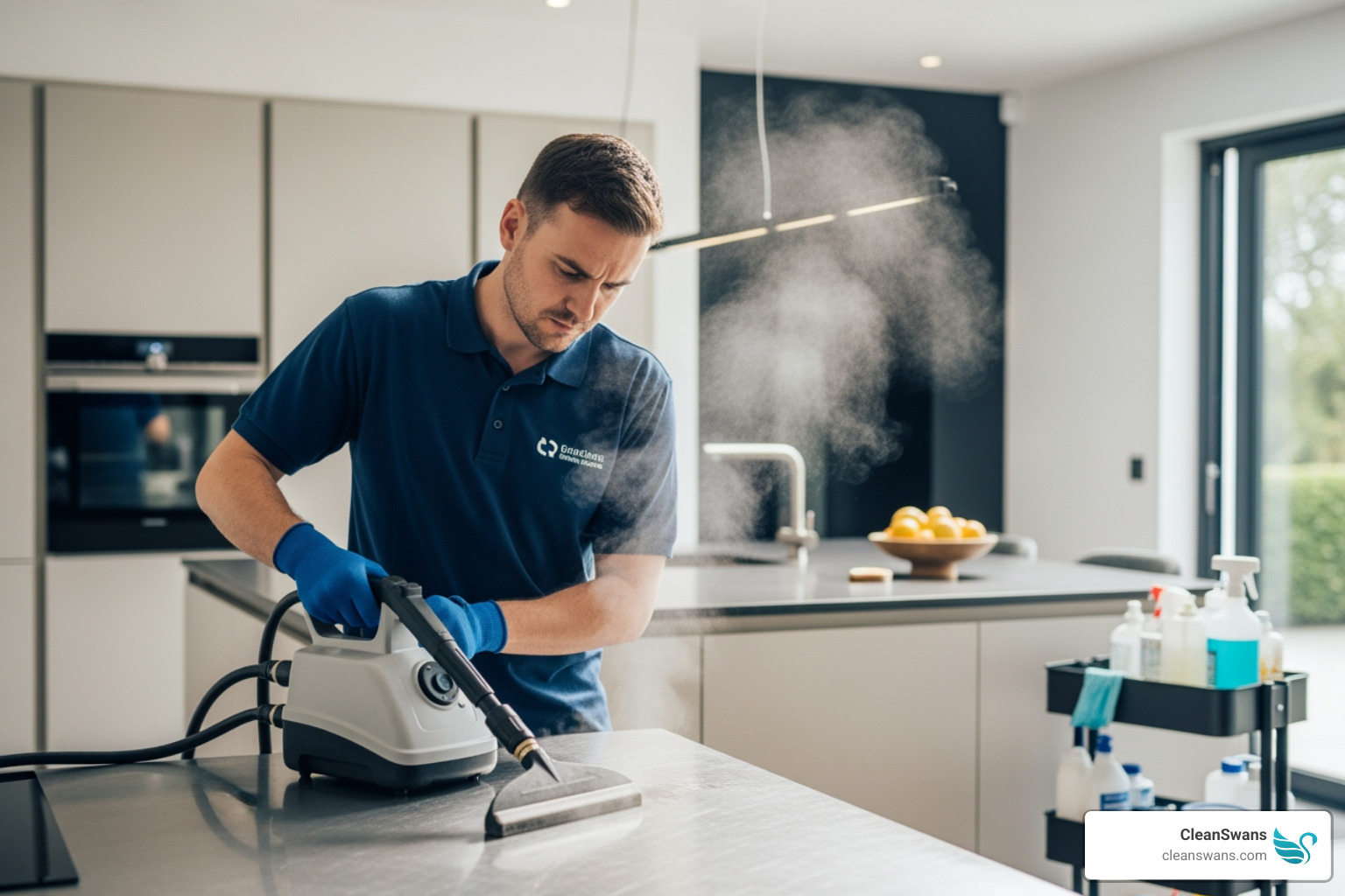 A professional estate cleaning specialist in uniform using specialized equipment for deep cleaning a kitchen, emphasizing expertise and efficiency - Estate cleaning specialists