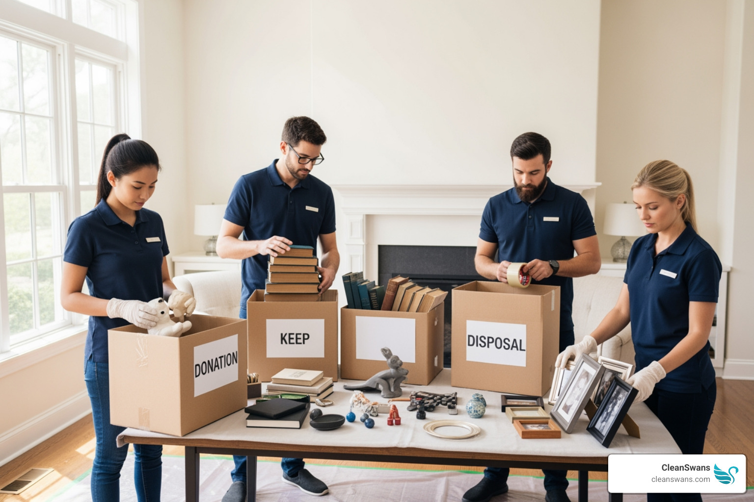 A professional estate cleaning team carefully sorting items into labeled boxes for donation, keeping, and disposal, highlighting meticulous organization - Estate cleaning specialists