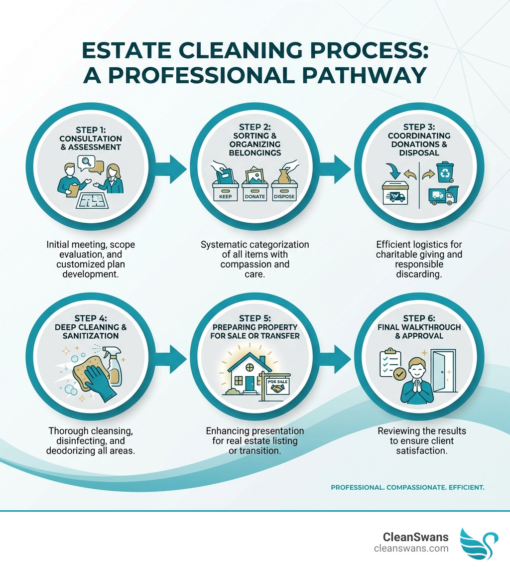 Infographic showing the estate cleaning process: consultation and assessment, sorting and organizing belongings, coordinating donations and disposal, deep cleaning and sanitization, preparing property for sale or transfer, and final walkthrough - Estate cleaning specialists infographic 