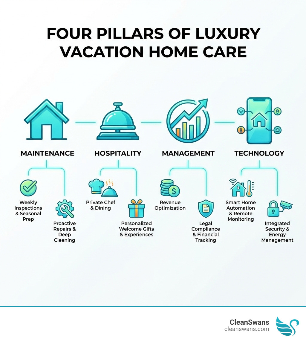 infographic showing four pillars of luxury vacation home care: a house icon labeled Maintenance with checkmarks for inspections and seasonal prep, a concierge bell labeled Hospitality with icons for chef and welcome gifts, a chart labeled Management with revenue and compliance symbols, and a smartphone labeled Technology with smart home and security icons - luxury vacation home care infographic 