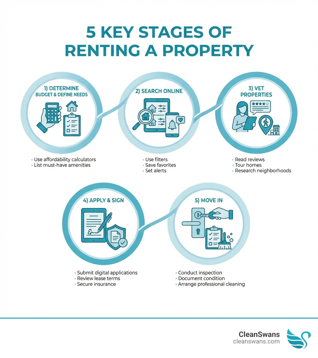 Infographic showing the 5 key stages of renting a property: 1) Determine Budget & Define Needs (use affordability calculators, list must-have amenities), 2) Search Online (use filters, save favorites, set alerts), 3) Vet Properties (read reviews, tour homes, research neighborhoods), 4) Apply & Sign (submit digital applications, review lease terms, secure insurance), 5) Move In (conduct inspection, document condition, arrange professional cleaning) - residential property rentals infographic 