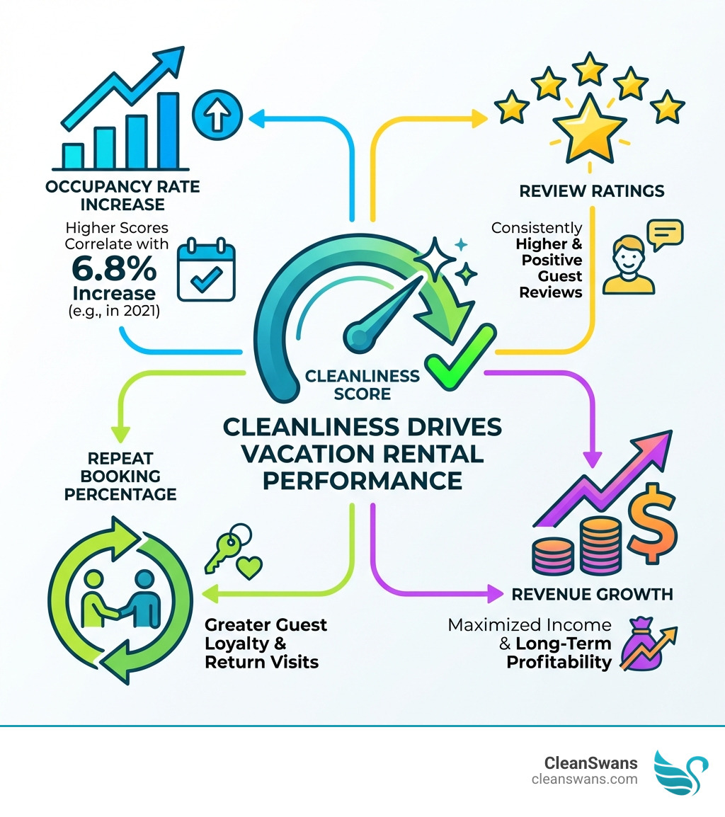 Infographic showing correlation between cleanliness scores and vacation rental performance metrics including occupancy rate increases, review ratings, repeat booking percentages, and revenue growth - vacation home cleaning infographic 