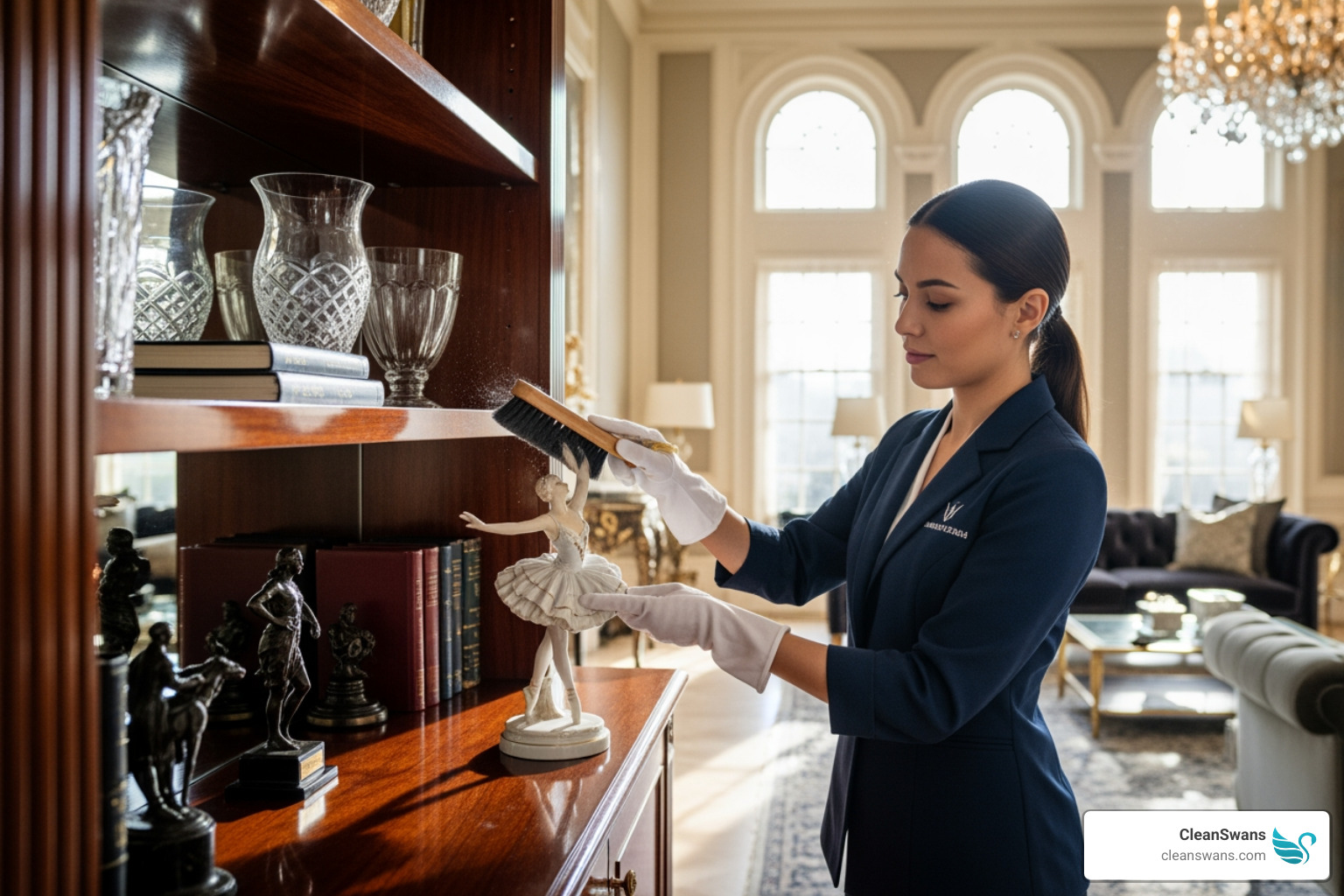 a cleaning professional carefully dusting a delicate item in a high-end home - Hilton Head cleaning
