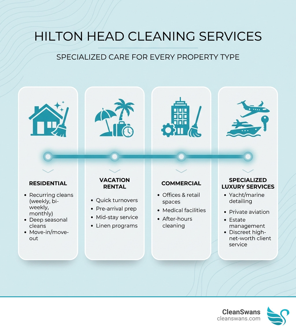 Infographic showing types of Hilton Head cleaning services: Residential (recurring weekly/bi-weekly/monthly cleans, deep seasonal cleans, move-in/move-out), Vacation Rental (quick turnovers, pre-arrival prep, mid-stay service, linen programs), Commercial (offices, medical facilities, retail spaces, after-hours cleaning), and Specialized Luxury Services (yacht/marine detailing, private aviation, estate management, discreet high-net-worth client service) - Hilton Head cleaning infographic 