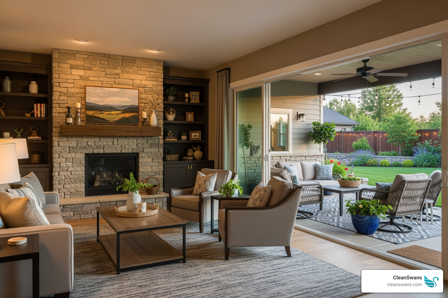 ranch home living room with large sliding glass doors opening onto a furnished patio - ranch homes interior design