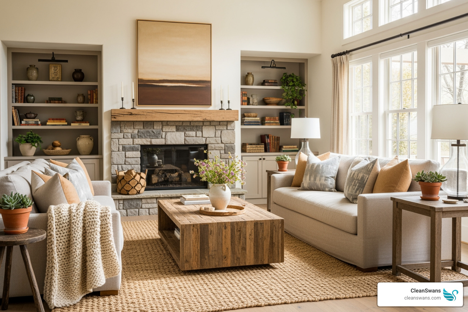 beautifully styled ranch living room showcasing a mix of textures and a neutral color palette - ranch homes interior design