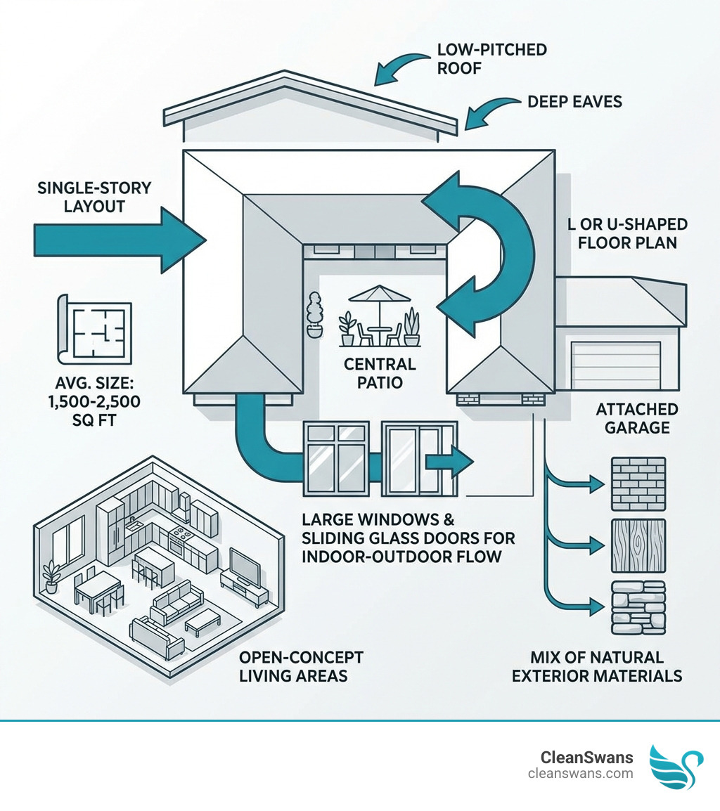 Infographic showing ranch home characteristics: single-story layout with 1,500-2,500 sq ft average size, L or U-shaped floor plan around central patio, low-pitched roof with deep eaves, large windows and sliding glass doors for indoor-outdoor flow, open-concept living areas, attached garage, and mix of natural exterior materials like brick, wood, and stone - ranch homes interior design infographic 