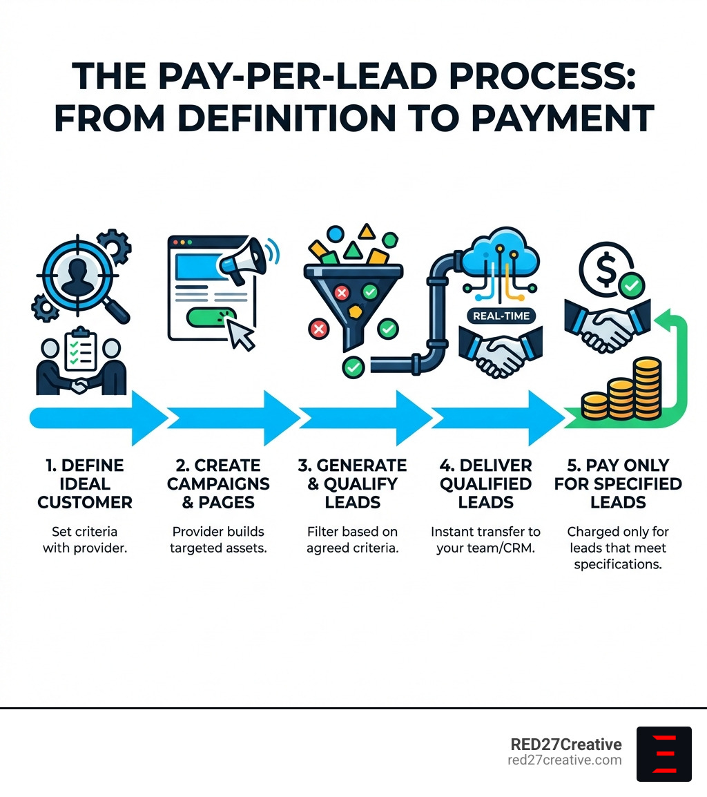 Infographic showing the pay-per-lead process: 1. Define your ideal customer profile with the provider, 2. Provider creates targeted campaigns and landing pages, 3. Leads are generated and qualified based on agreed criteria, 4. Qualified leads are delivered to your CRM or sales team in real-time, 5. You pay only for leads that meet your specifications - pay per lead company infographic Infographic showing the pay-per-lead process: 1. Define your ideal customer profile with the provider, 2. Provider creates targeted campaigns and landing pages, 3. Leads are generated and qualified based on agreed criteria, 4. Qualified leads are delivered to your CRM or sales team in real-time, 5. You pay only for leads that meet your specifications - pay per lead company infographic