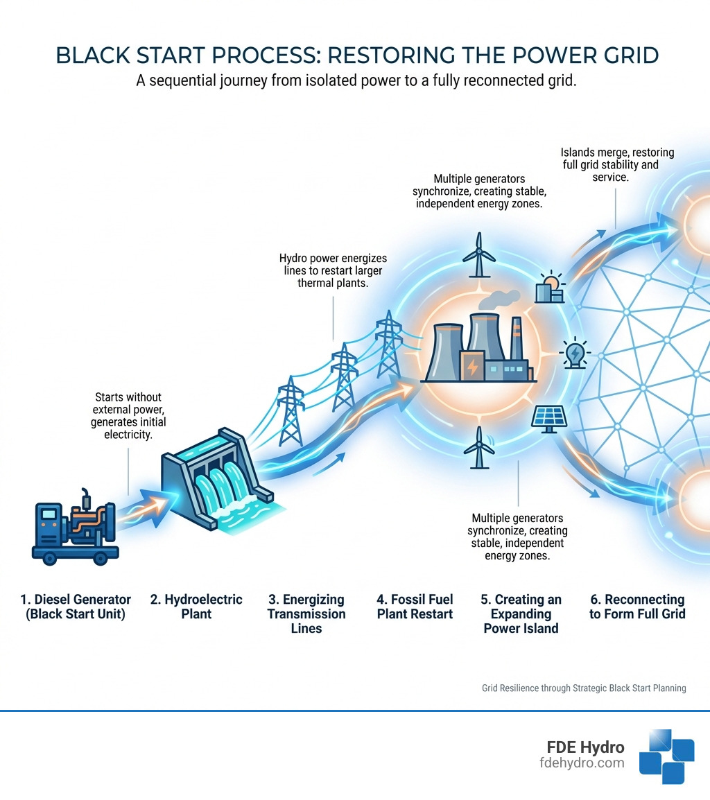 Black start process infographic showing a small diesel generator starting a hydroelectric plant, which energizes transmission lines to restart a larger fossil fuel plant, creating an expanding power island that eventually reconnects to form the full grid - black start infographic 