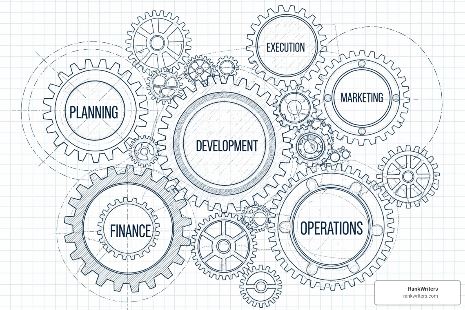 Blueprint of interconnected gears labeled "Data," "Content," "Technology," and "Brand" - Omni-channel content strategy
