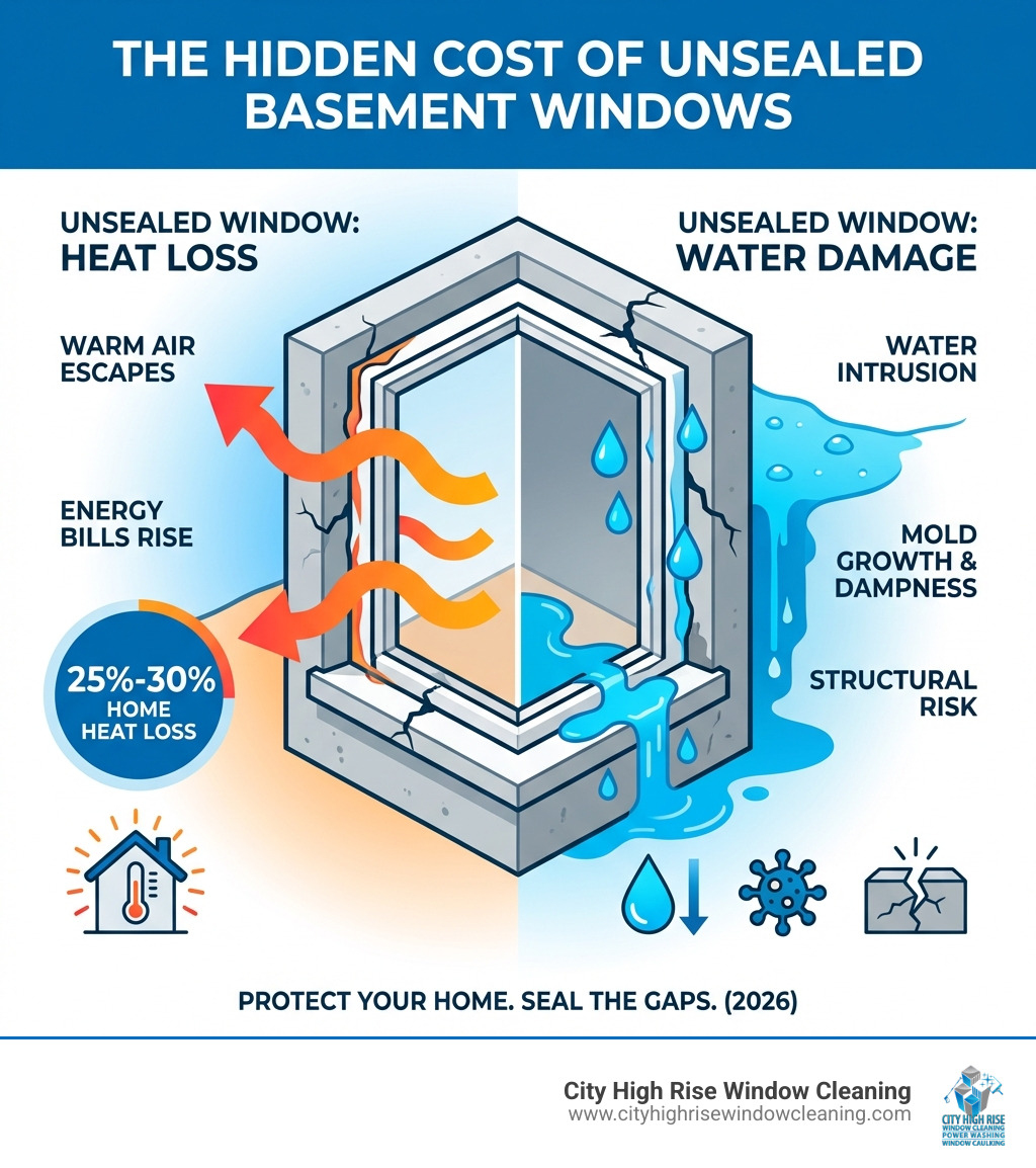Infographic showing how unsealed basement windows lead to heat loss and water damage - best caulk for basement windows infographic Infographic showing how unsealed basement windows lead to heat loss and water damage - best caulk for basement windows infographic