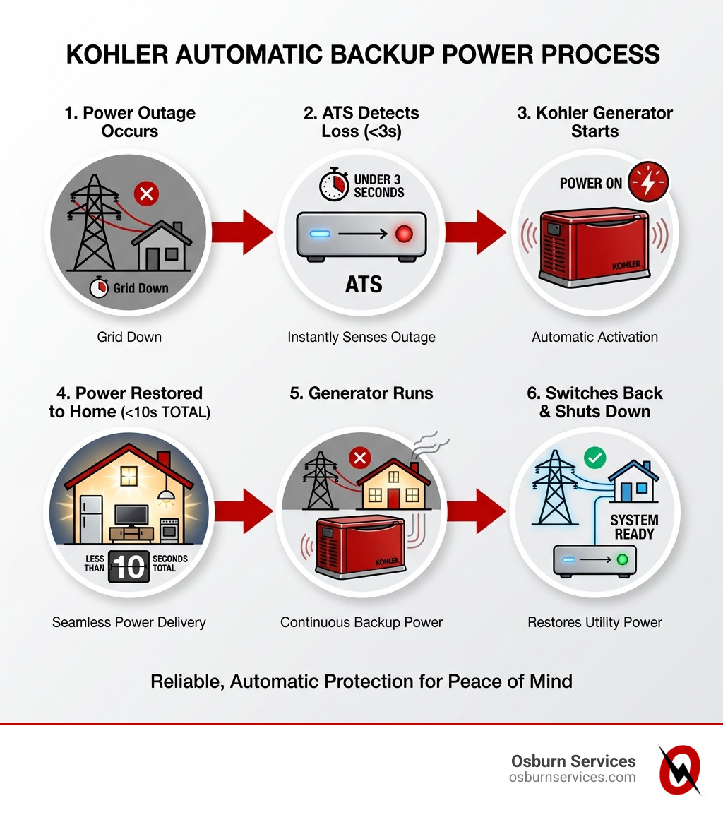 Infographic showing the automatic backup power process: Step 1 - Power outage occurs, Step 2 - Automatic Transfer Switch detects loss in under 3 seconds, Step 3 - Kohler generator starts automatically, Step 4 - Power restored to home in less than 10 seconds total, Step 5 - Generator continues running until grid power returns, Step 6 - System automatically switches back and shuts down - Buy Kohler generator infographic Infographic showing the automatic backup power process: Step 1 - Power outage occurs, Step 2 - Automatic Transfer Switch detects loss in under 3 seconds, Step 3 - Kohler generator starts automatically, Step 4 - Power restored to home in less than 10 seconds total, Step 5 - Generator continues running until grid power returns, Step 6 - System automatically switches back and shuts down - Buy Kohler generator infographic