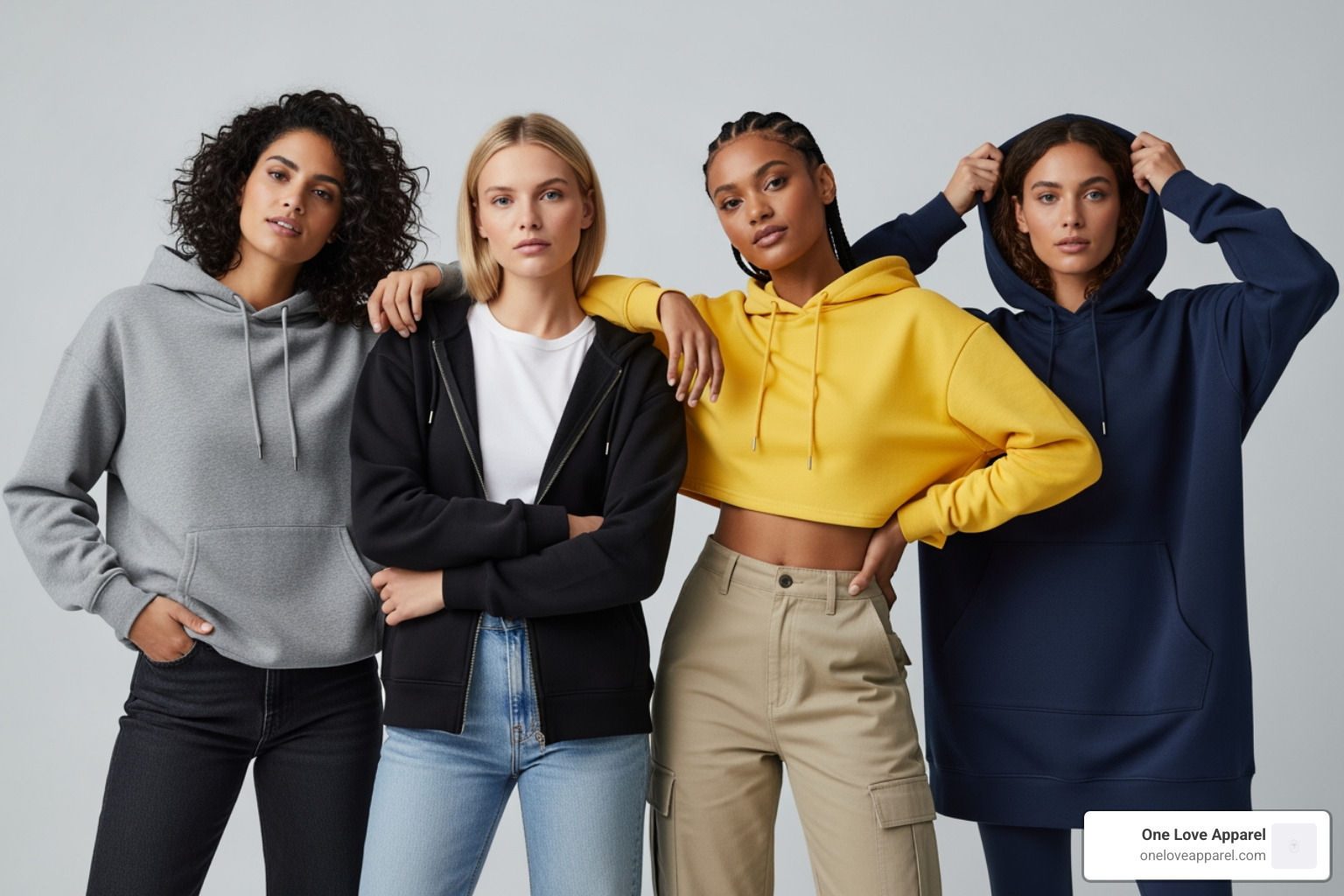 four models wearing different hoodie styles: pullover, zip-up, cropped, and oversized - hoodies for women
