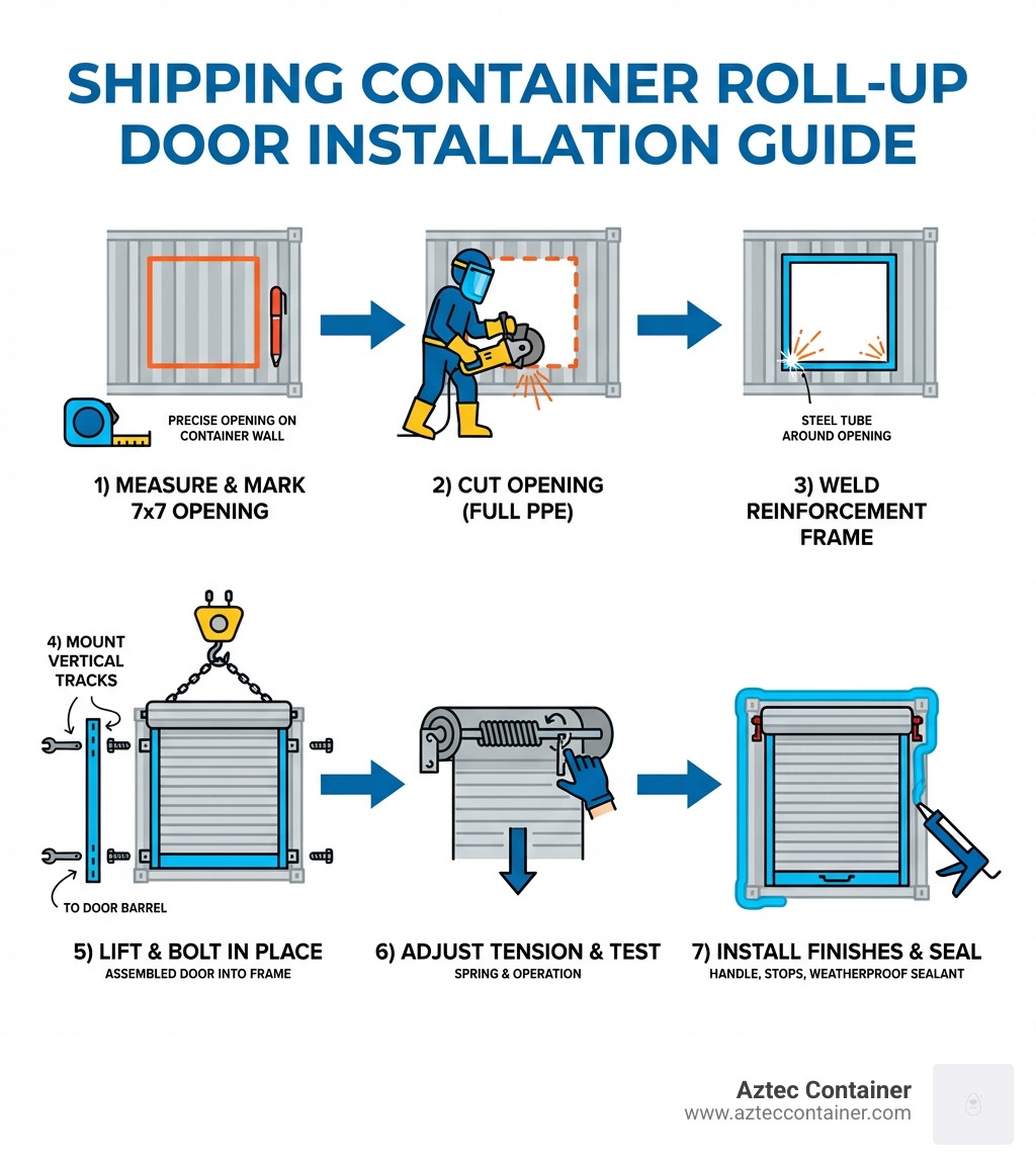 Infographic showing step-by-step process: 1) Measure and mark 7x7 opening on container wall, 2) Cut opening with angle grinder wearing full PPE, 3) Weld steel tube frame around opening for reinforcement, 4) Mount vertical tracks to door barrel, 5) Lift assembled door into frame and bolt in place, 6) Adjust spring tension and test operation, 7) Install handle, stops, and weatherproof sealant - installing roll up door in shipping container infographic 