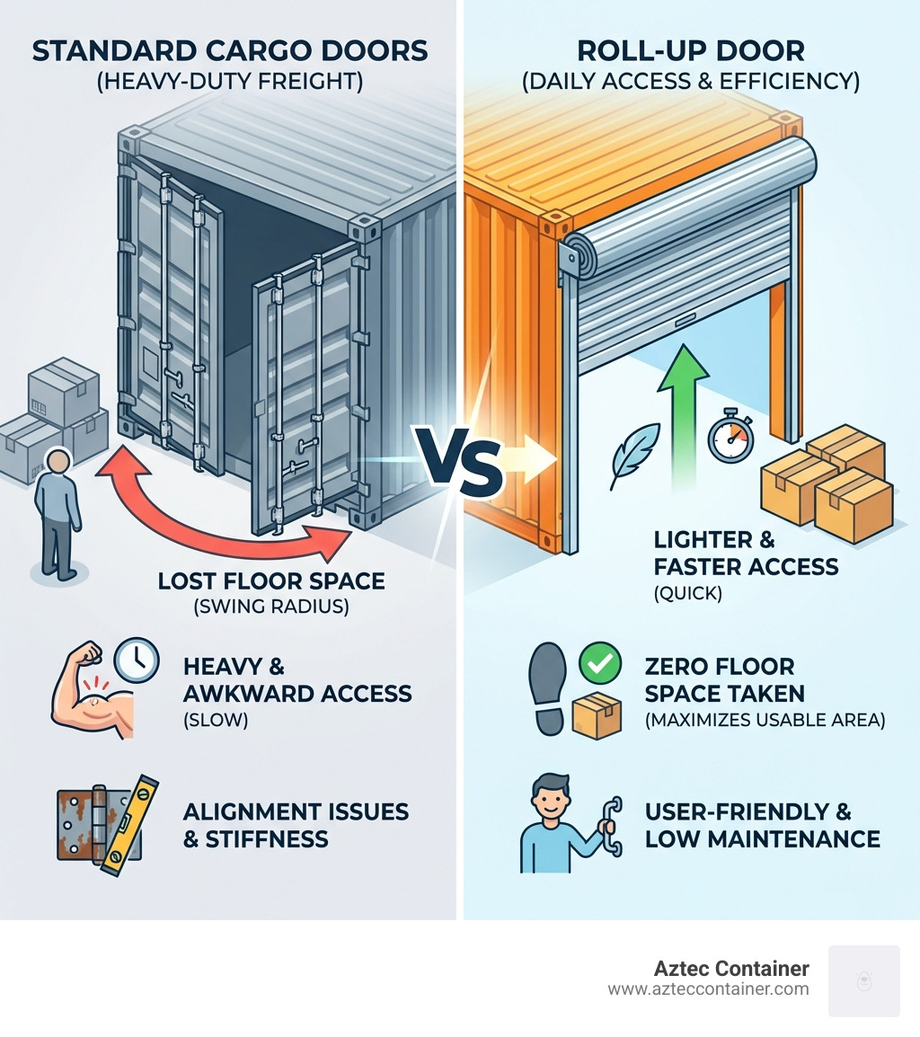 Infographic comparing the pros and cons of standard cargo doors vs. roll-up doors - installing roll up door in shipping container infographic 