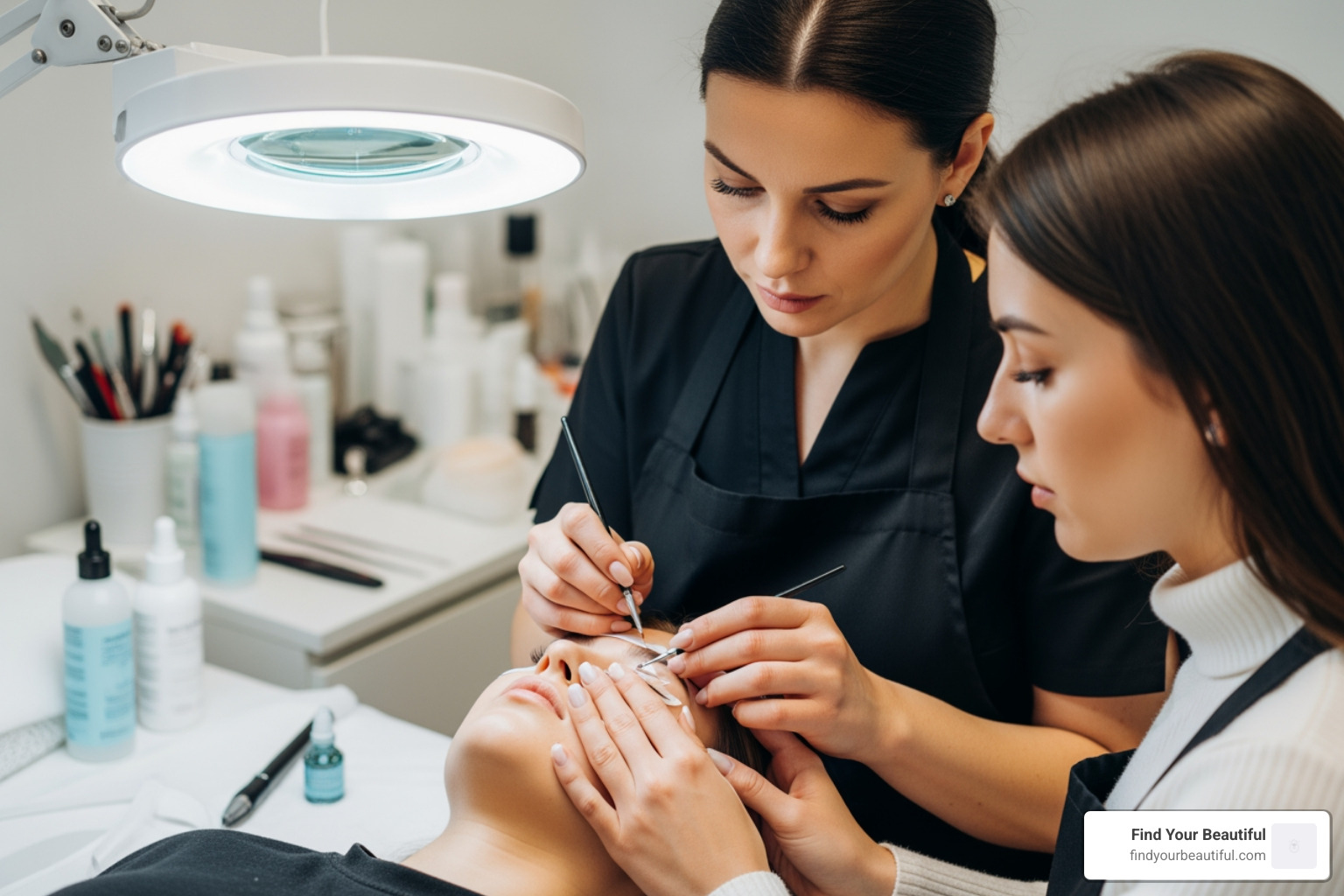 A certified instructor with over 12 years of experience providing one-on-one guidance to a student during a lash lift training session - lash lift training san antonio