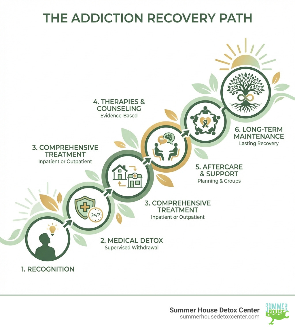 Infographic showing the addiction recovery path: 1) Recognition of need for help, 2) Medical detox with 24/7 supervision, 3) Comprehensive treatment (inpatient or outpatient), 4) Evidence-based therapies and counseling, 5) Aftercare planning and support groups, 6) Long-term recovery maintenance - addiction recovery Miami infographic 