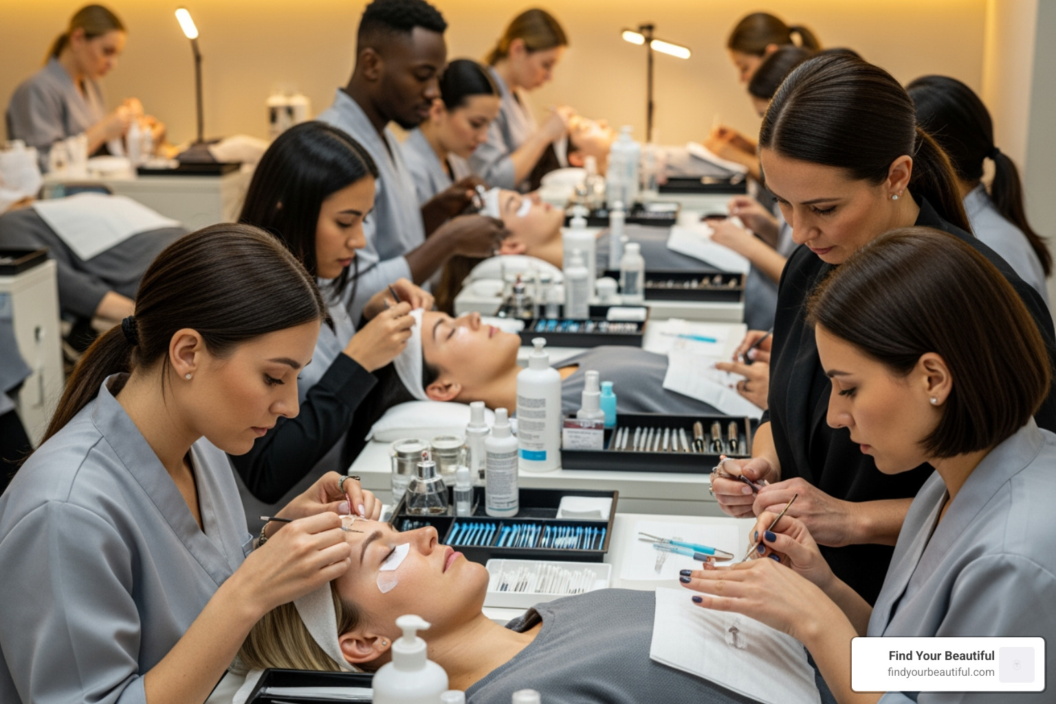 A diverse group of students actively participating in a beauty training class, focusing on hands-on practice with lash models - lash lift training san antonio