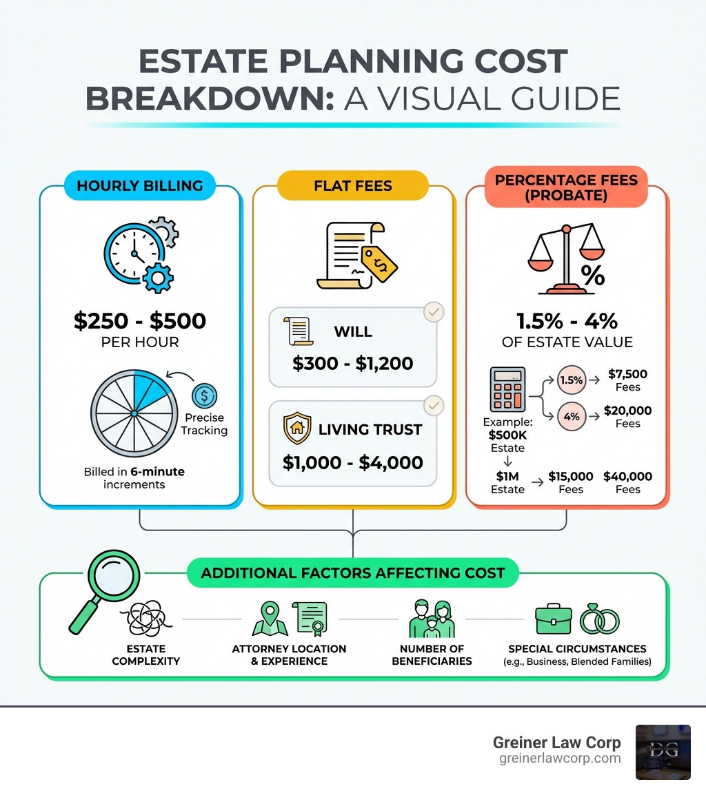 Infographic showing estate planning cost breakdown: hourly billing showing $250-500 per hour billed in 6-minute increments, flat fees showing will at $300-1200 and living trust at $1000-4000, percentage fees showing 1.5-4% of estate value with examples at different estate sizes, and additional factors affecting cost including estate complexity, attorney location and experience, number of beneficiaries, and special circumstances like business ownership or blended families - estate tax attorney fees infographic 