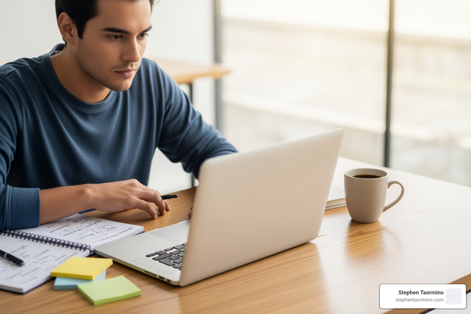 A person at a desk with notes, a laptop, and a cup of coffee, looking prepared and focused. - speaking at a panel