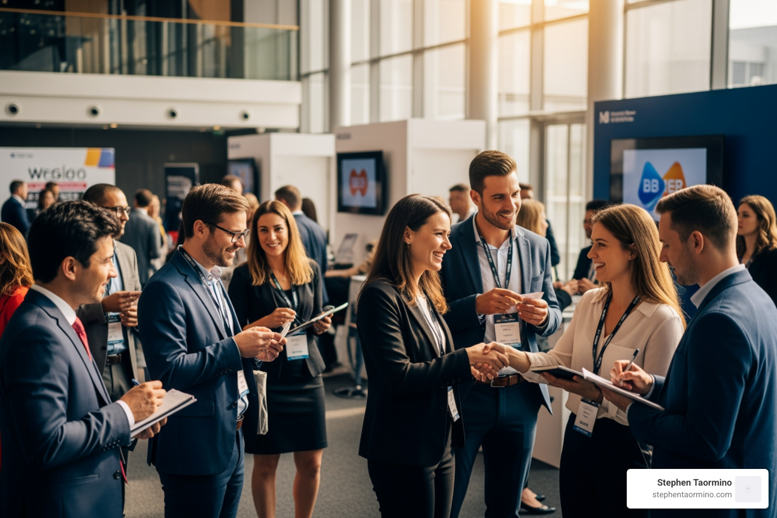 A professional confidently networking at a conference, illustrating the career-boosting benefits of panel participation. - speaking at a panel
