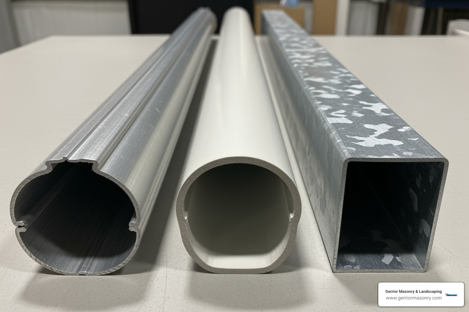 different downspout materials like aluminum, vinyl, and steel side-by-side - downspout drainage systems